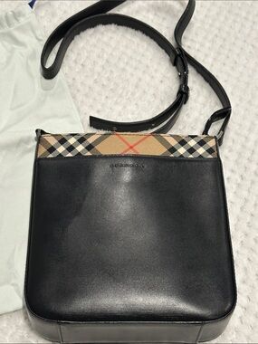 Burberry Black Leather Crossbody with Classic Check Accent